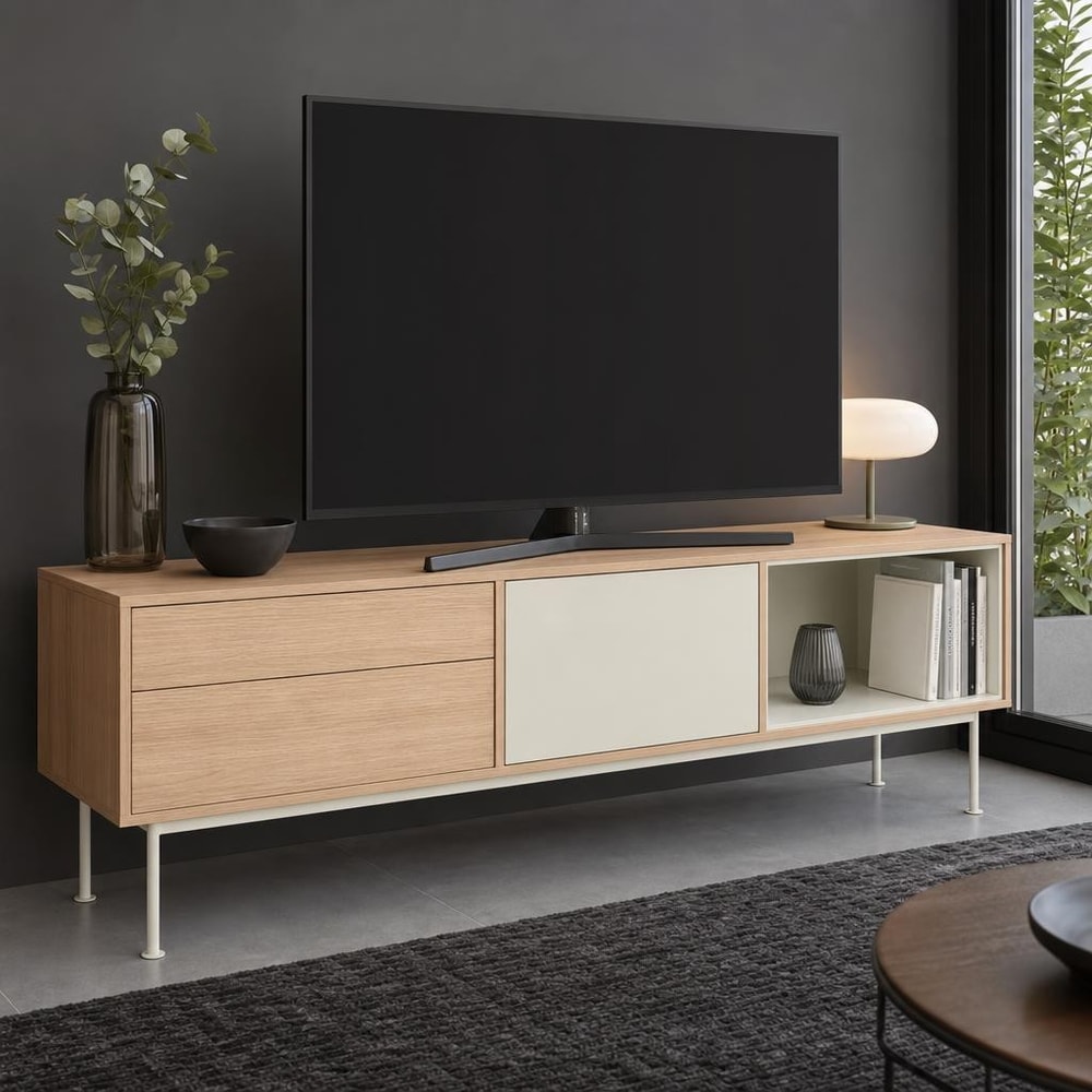 Mueble TV crema con puerta y 2 cajones