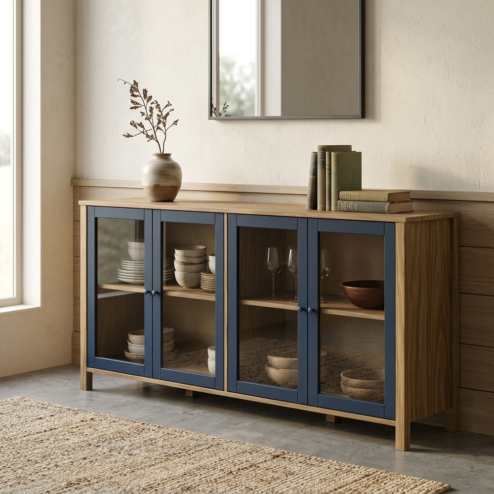 Aparador de Madera con 4 Puertas de Cristal Azul