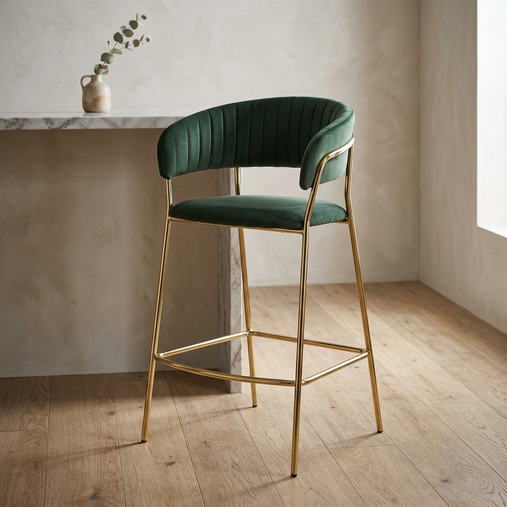 Taburete de terciopelo verde y metal dorado