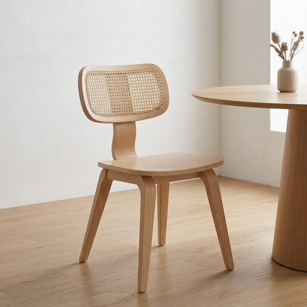 Silla de madera natural con respaldo de rejilla