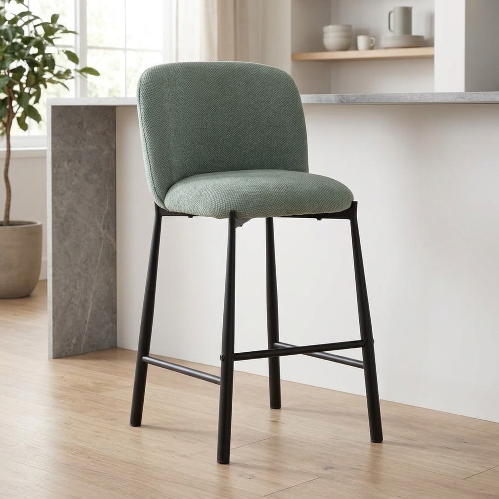 Taburete alto tapizado verde con patas de metal
