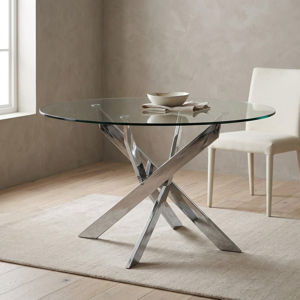 Mesa de comedor redonda en cristal y acero