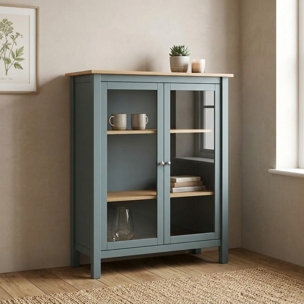Vitrina de 2 Puertas Verde con Estantes de Madera