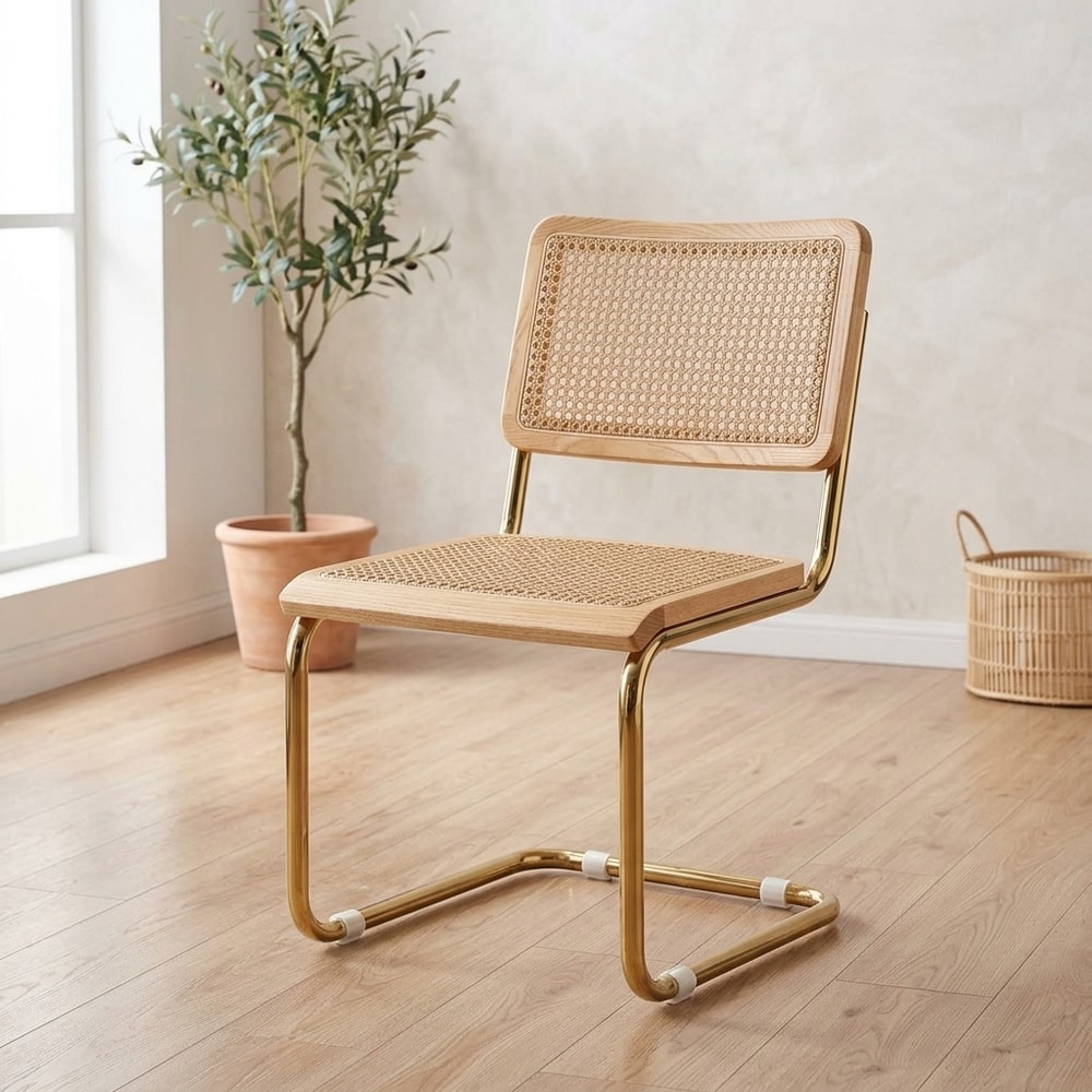 Silla de comedor ratán y madera con pata dorada