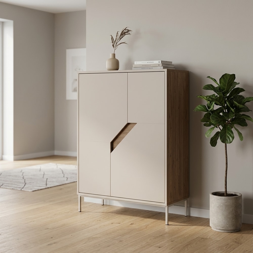 Aparador alto moderno crema con detalle madera