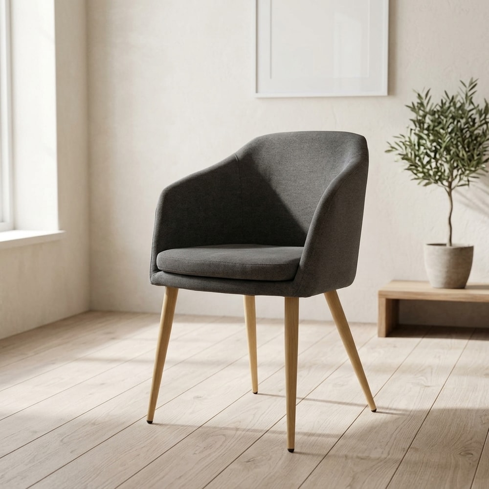 Sillón de comedor tapizado en linen gris oscuro