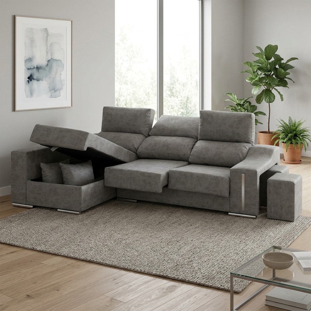 Sofá Chaise Longue 3 Plazas con Arcón y Taburetes