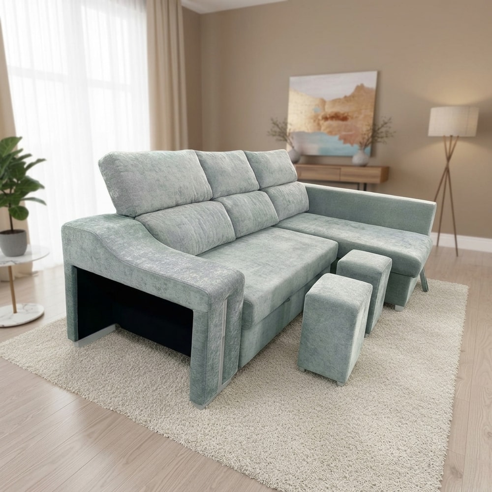 Sofá Cama Chaise Longue con Arcón y Taburetes