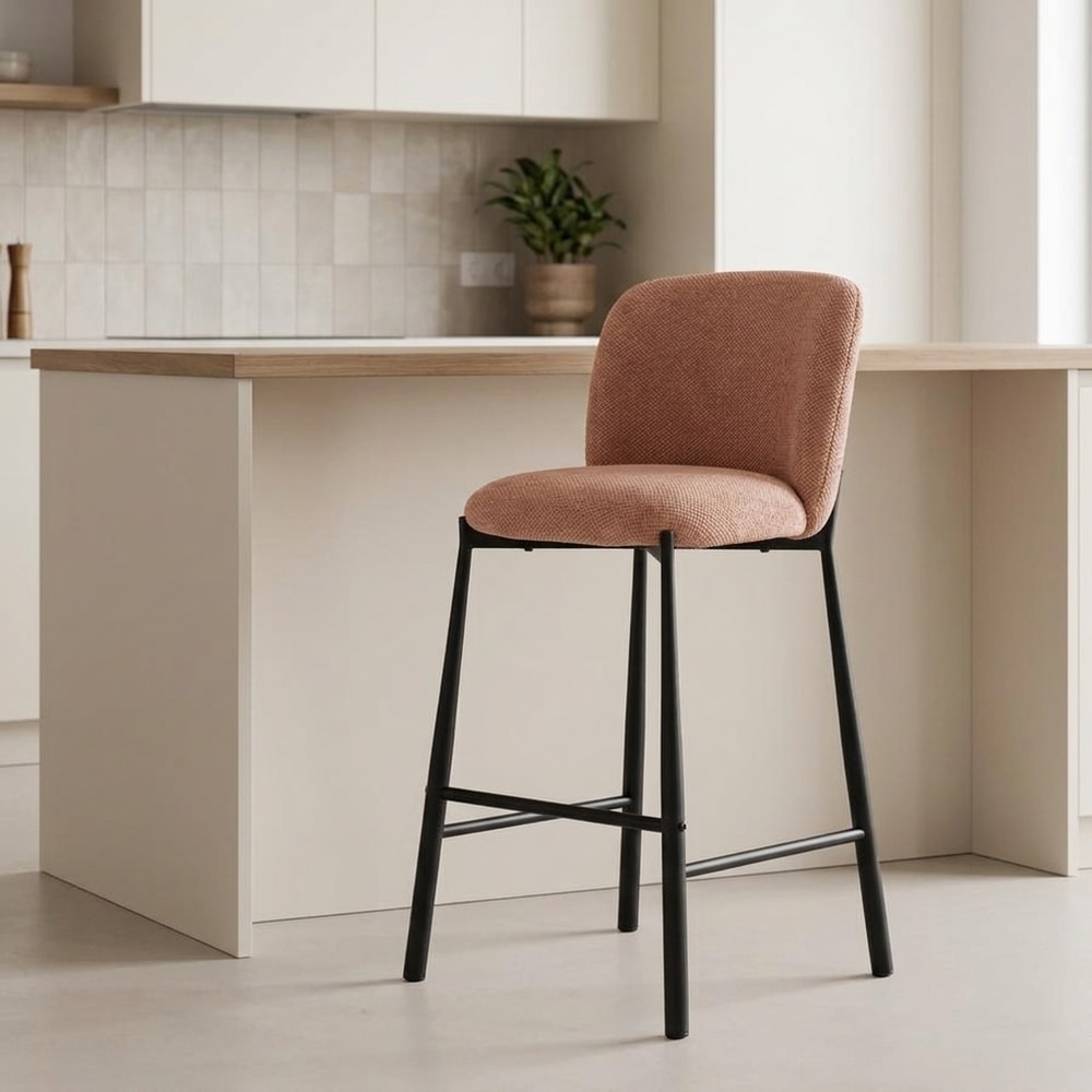 Taburete alto tapizado rosa con patas de metal