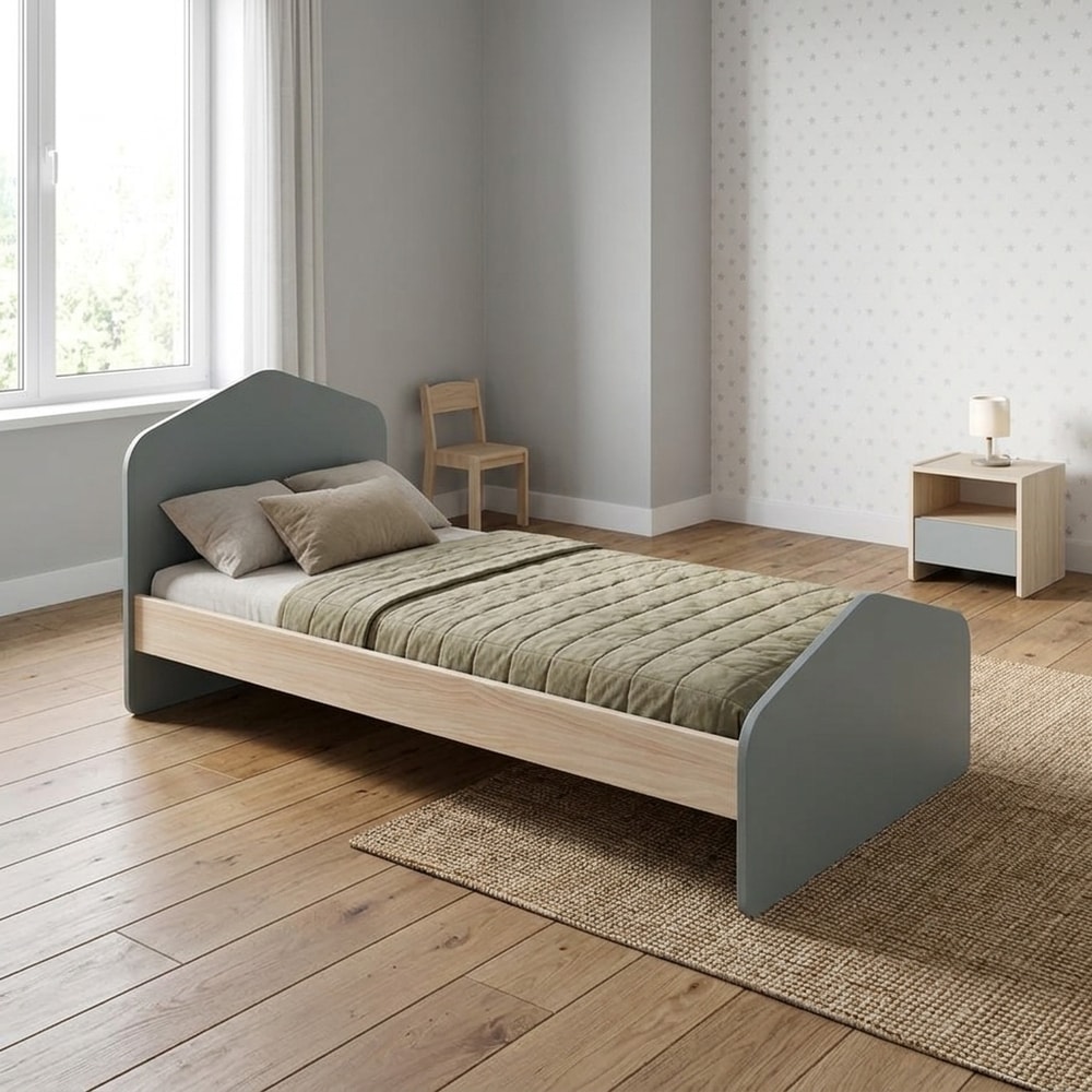 Cama Juvenil Verde Kaki con Acabado Madera