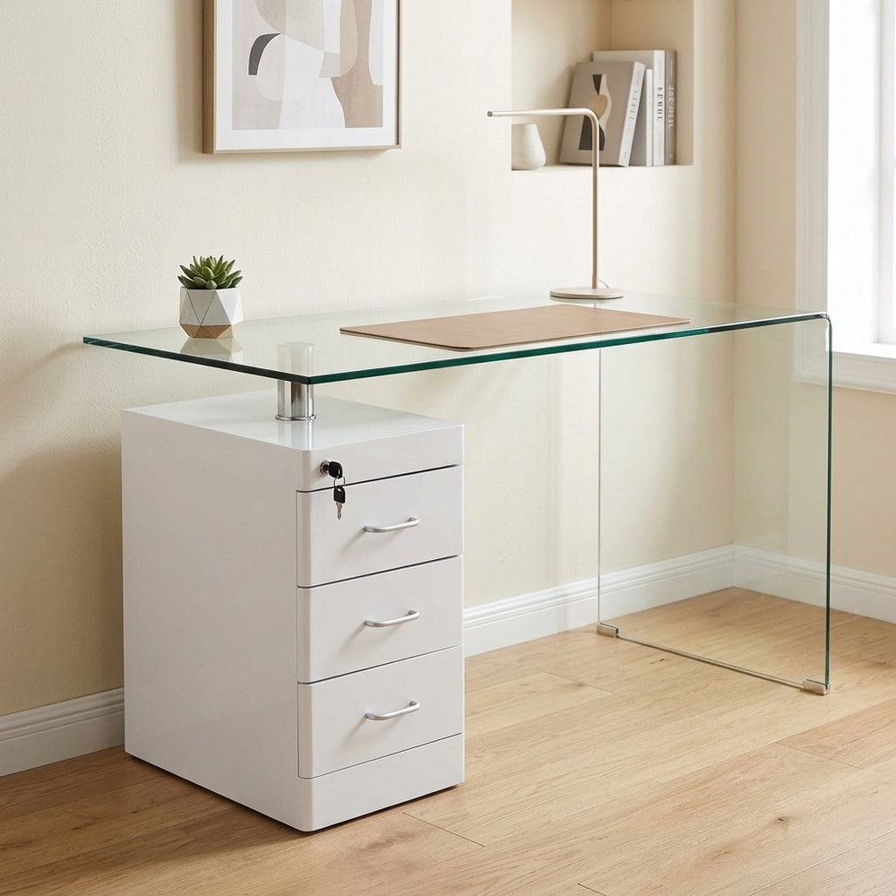 Escritorio de cristal con cajonera blanca