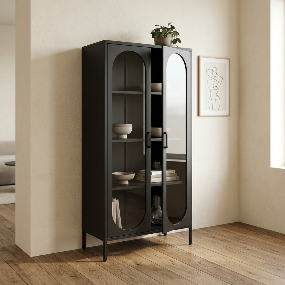Aparador alto negro con puertas de rejilla