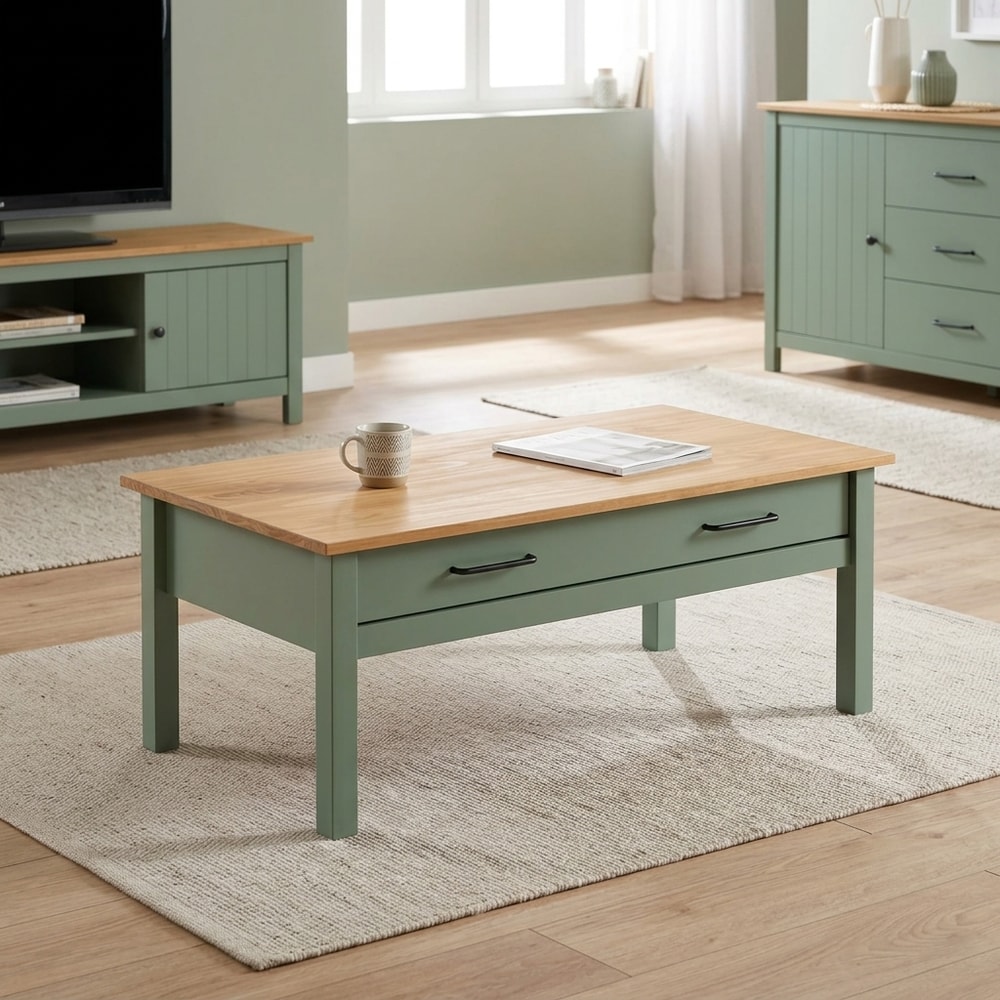 Mesa de centro de madera con cajón verde