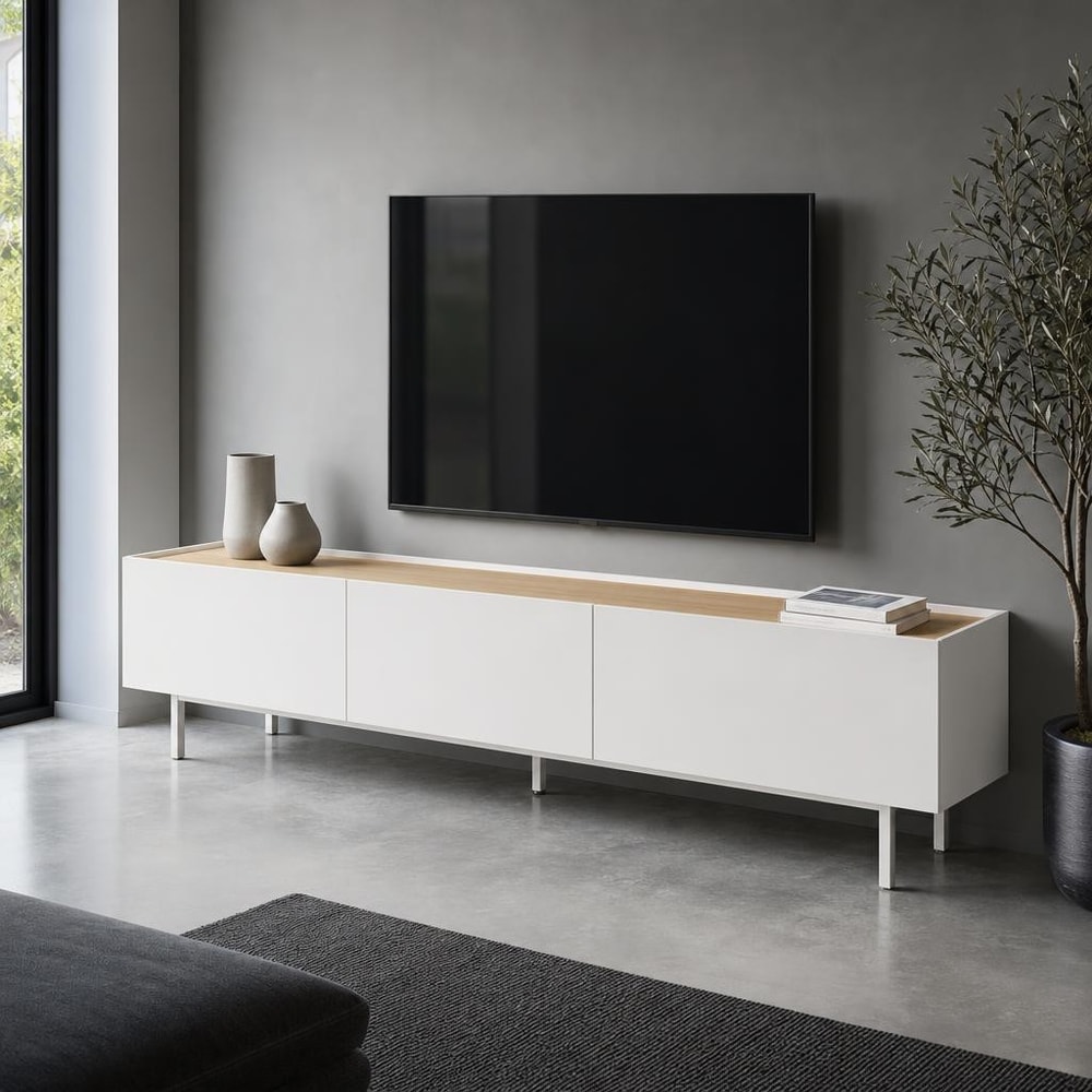 Mueble de TV blanco con puerta y 2 cajones
