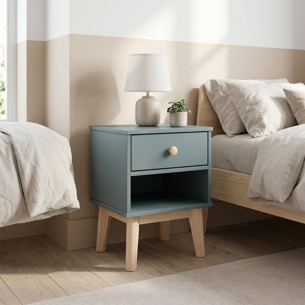 Mesita de noche verde kaki con cajón y estante