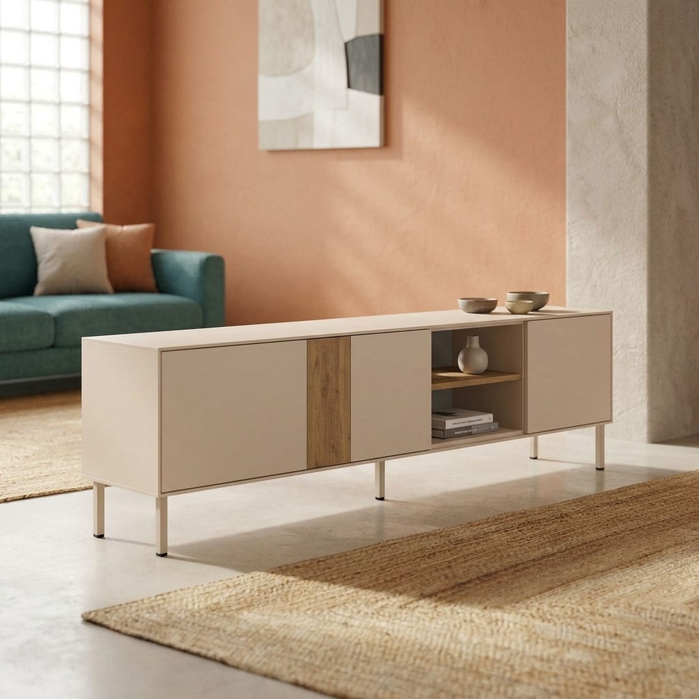 Mueble de TV 3 puertas crema y madera