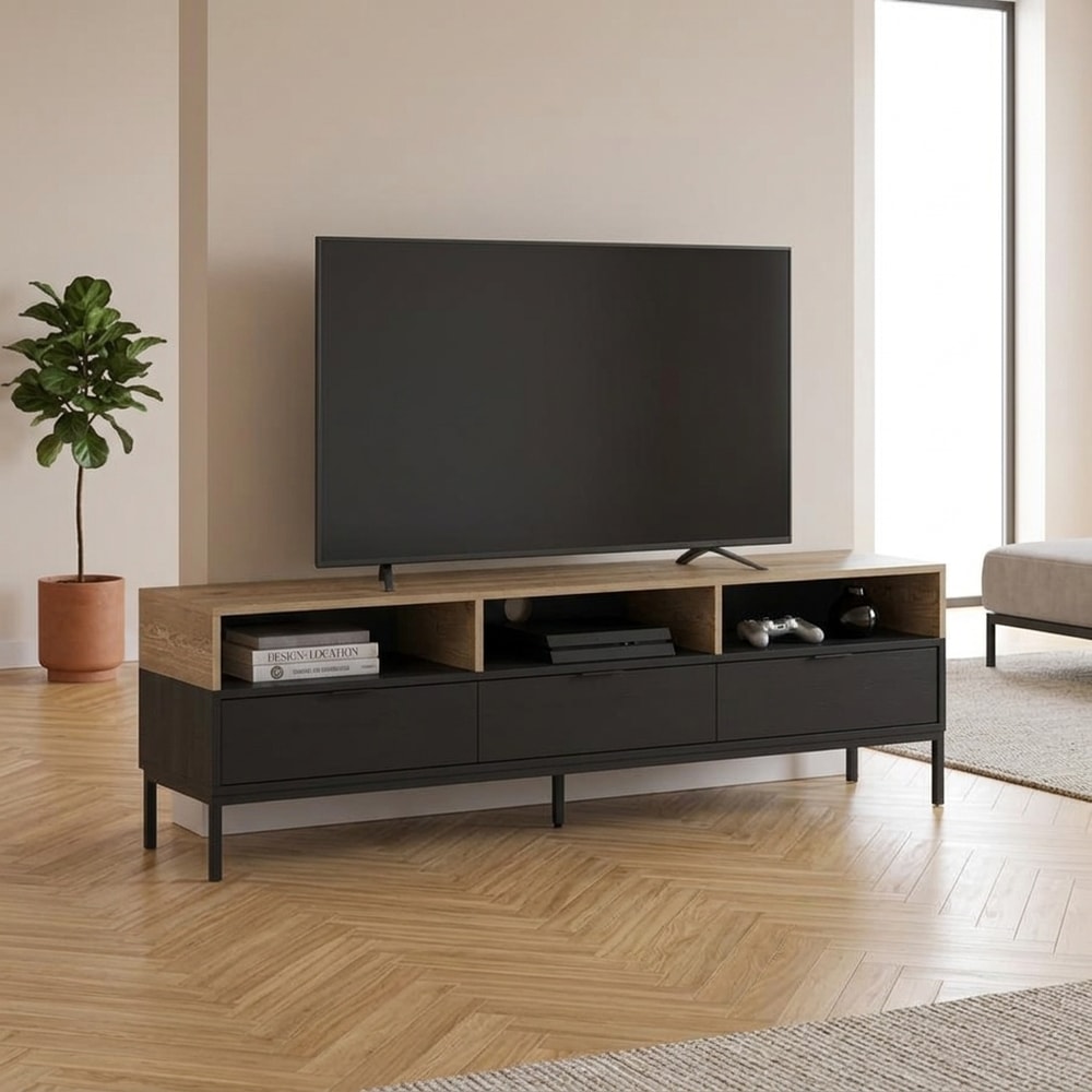 Mueble de TV Moderno Negro y Roble con Patas Metal