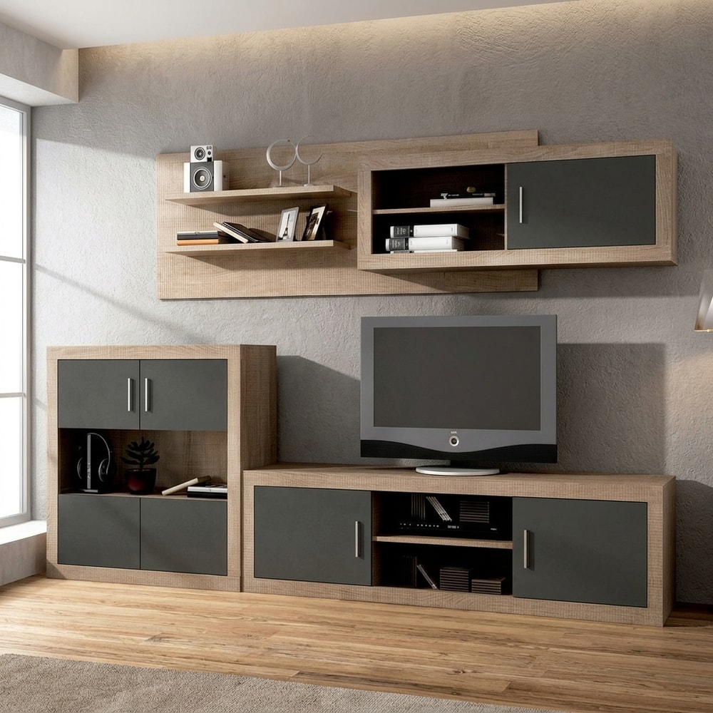 Mueble de salón modular gris y madera