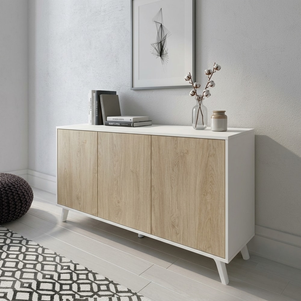 Aparador moderno de 3 puertas blanco y roble