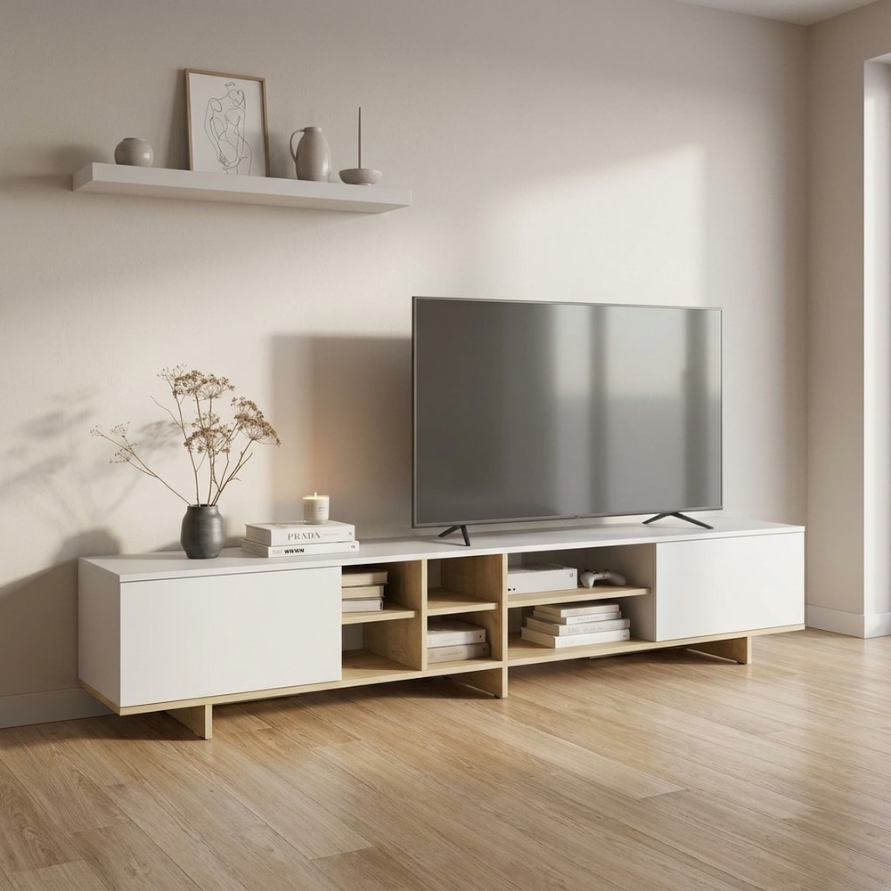 Mueble de TV 2 Puertas Blanco y Roble