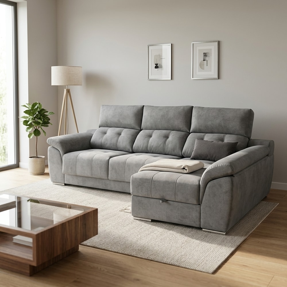 Sofá Chaise Longue Gris con Arcón y Deslizante