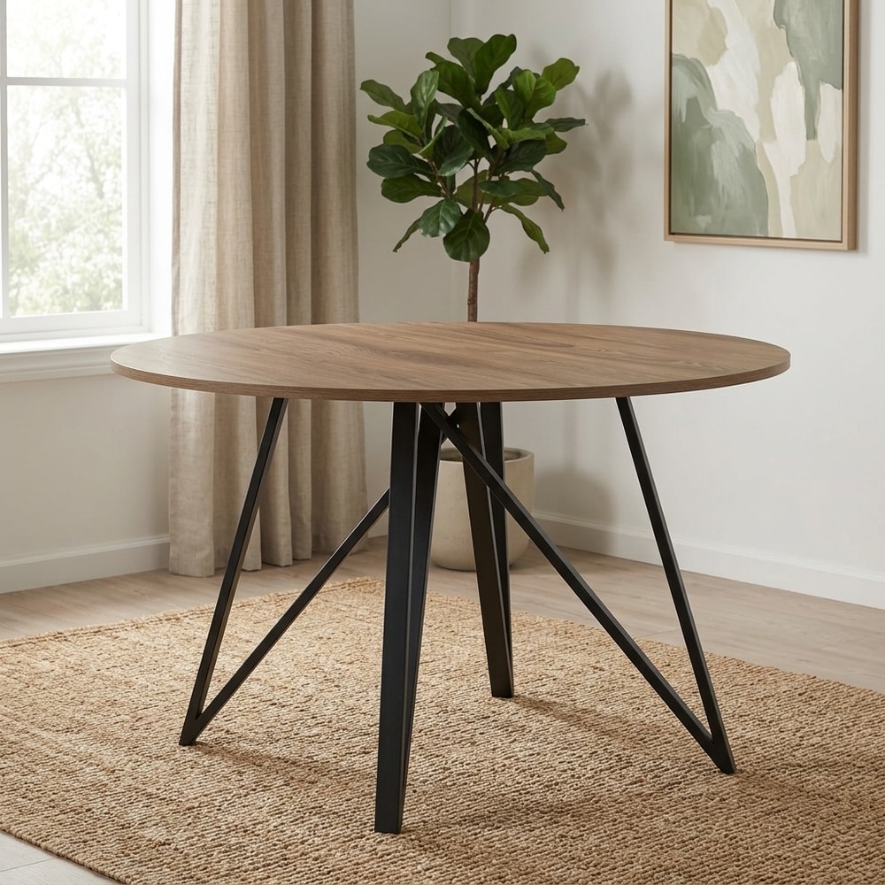 Mesa de comedor redonda en roble y metal negro