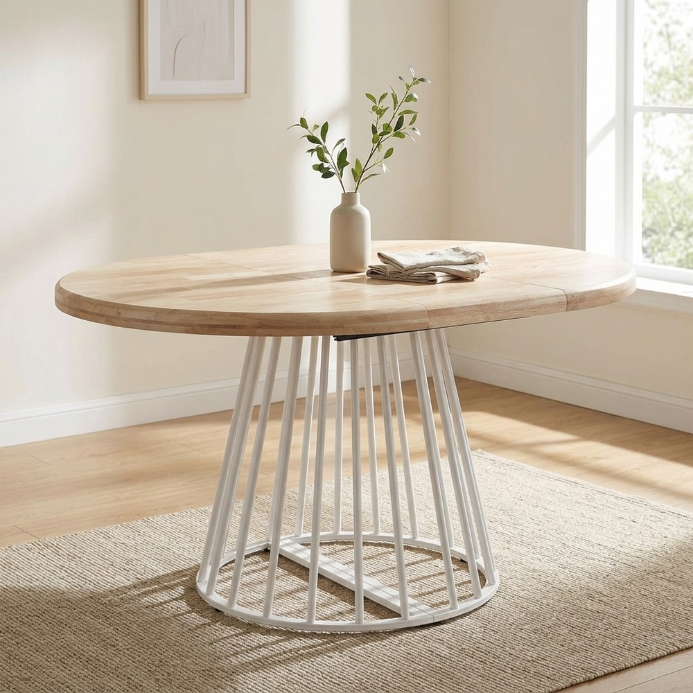 Mesa de comedor redonda extensible roble y blanco