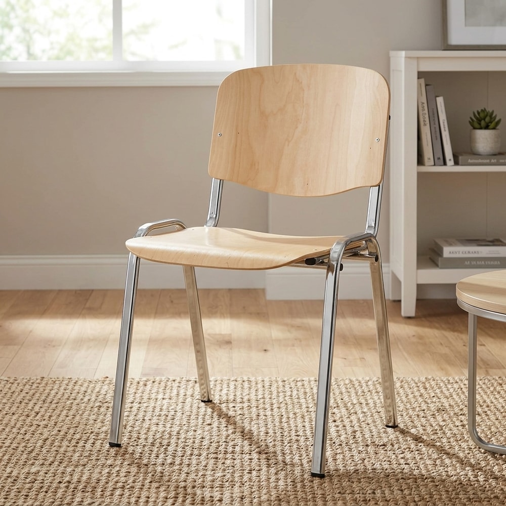 Silla apilable de madera natural con chasis cromo