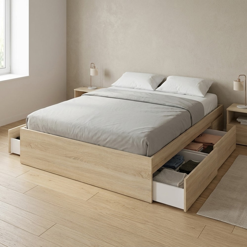 Cama Doble con 4 Cajones Roble