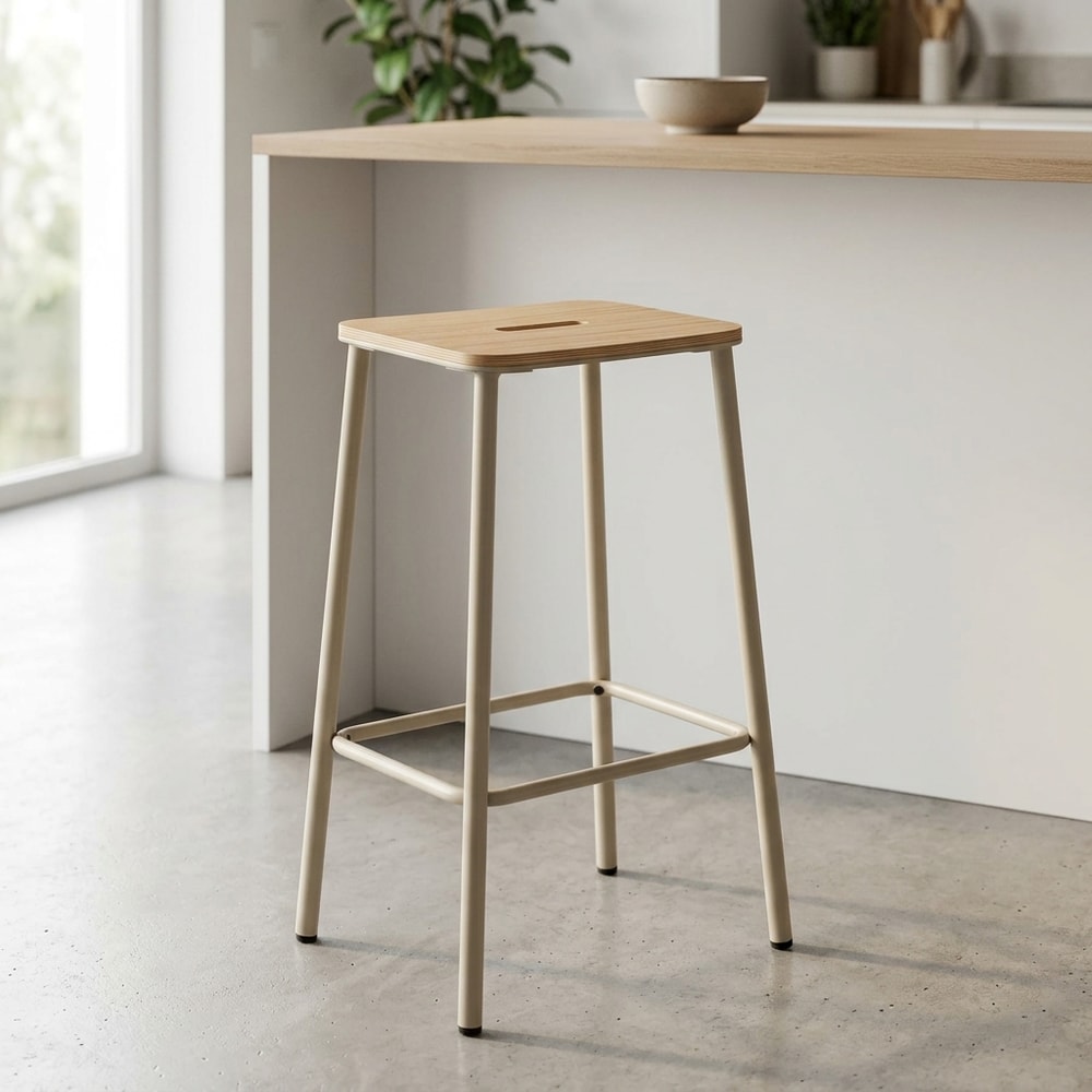 Taburete Asiento Roble Patas Beige
