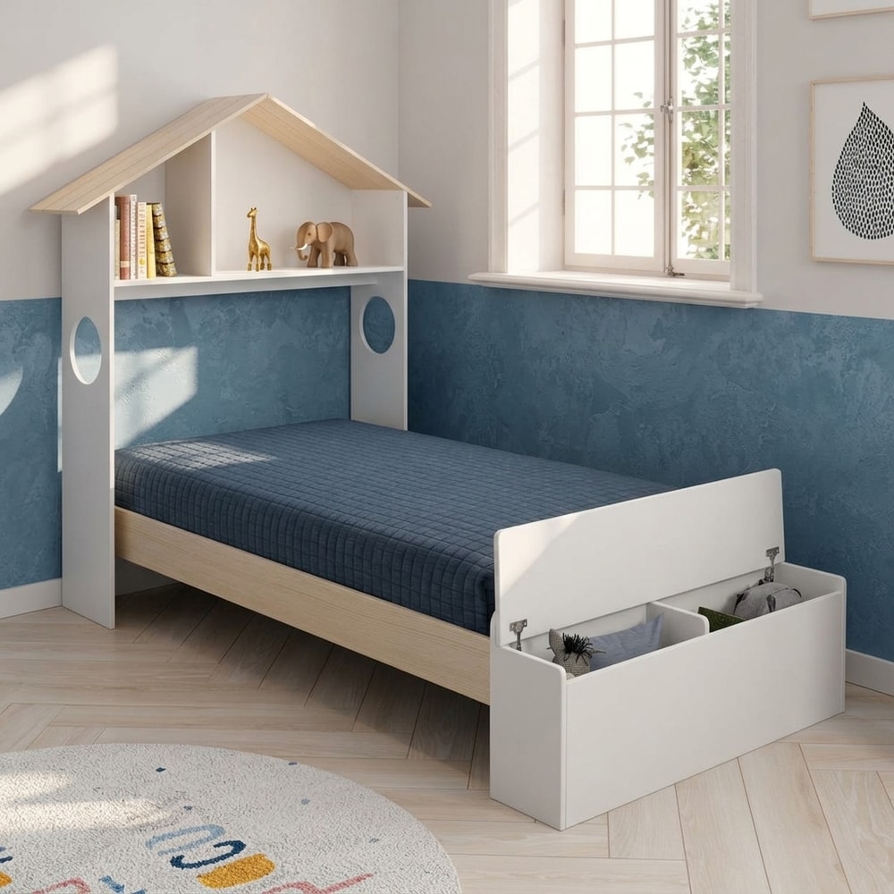 Cama infantil tipo casita con baúl de almacenaje