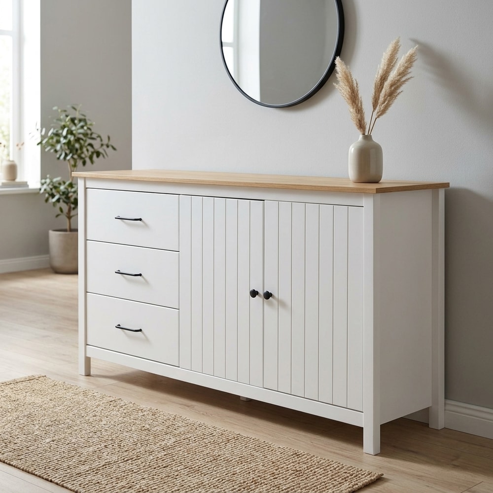 Aparador blanco y madera con 3 cajones y puertas