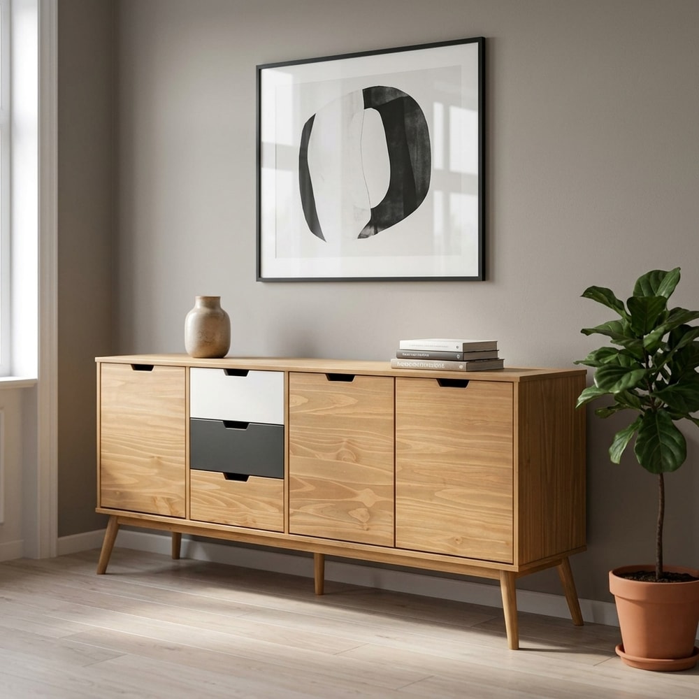 Aparador de salón madera y gris con 3 puertas