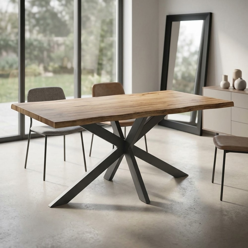 Mesa de comedor industrial nogal y metal negro