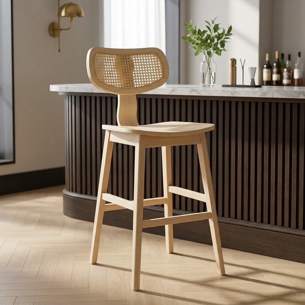 Taburete alto de madera natural con rejilla