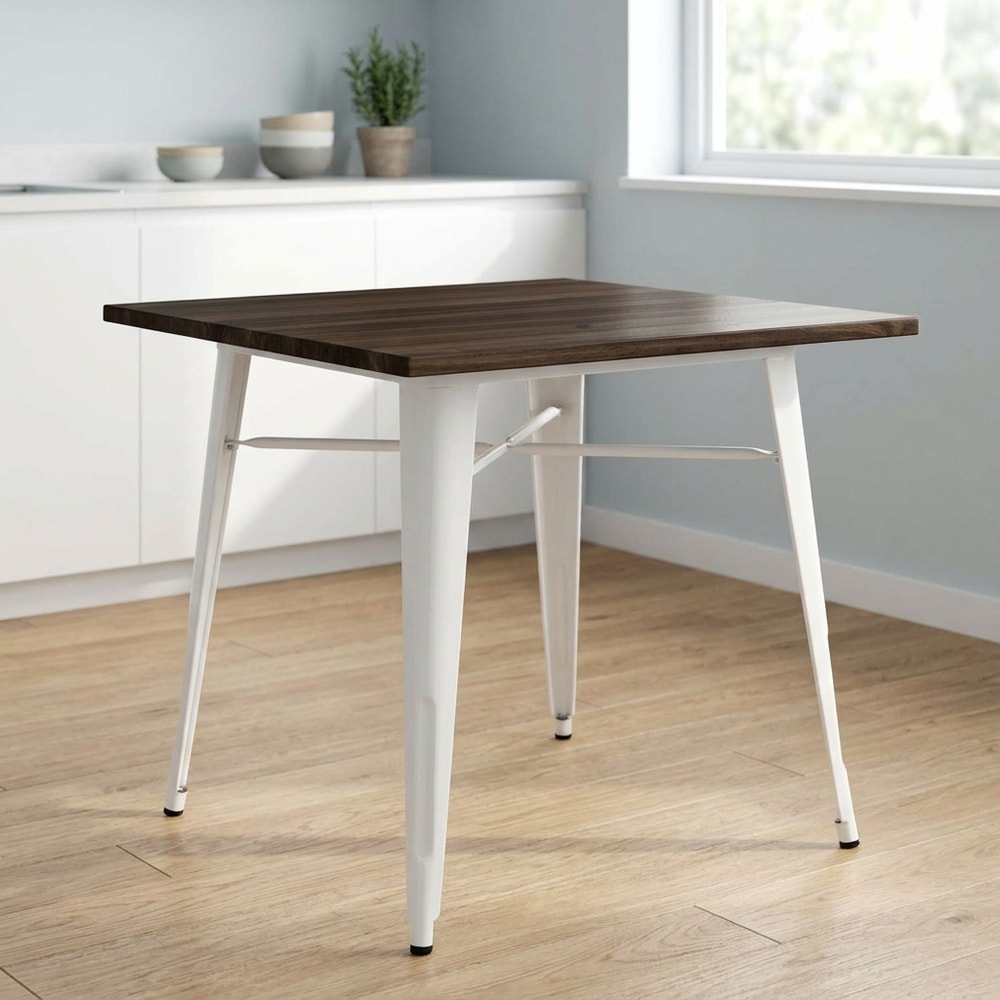Mesa cuadrada madera y metal blanco