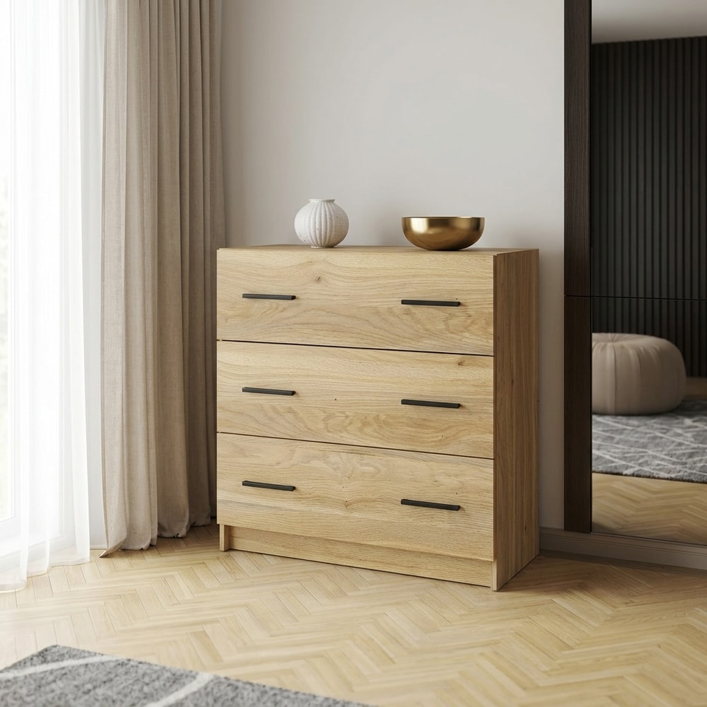 Cómoda de 3 cajones en madera clara y negro