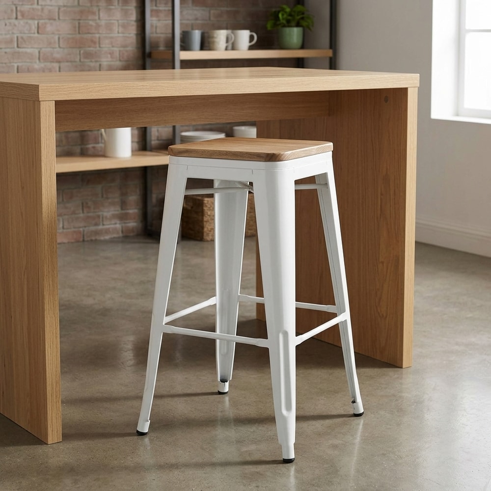 Taburete Industrial Blanco Asiento Madera