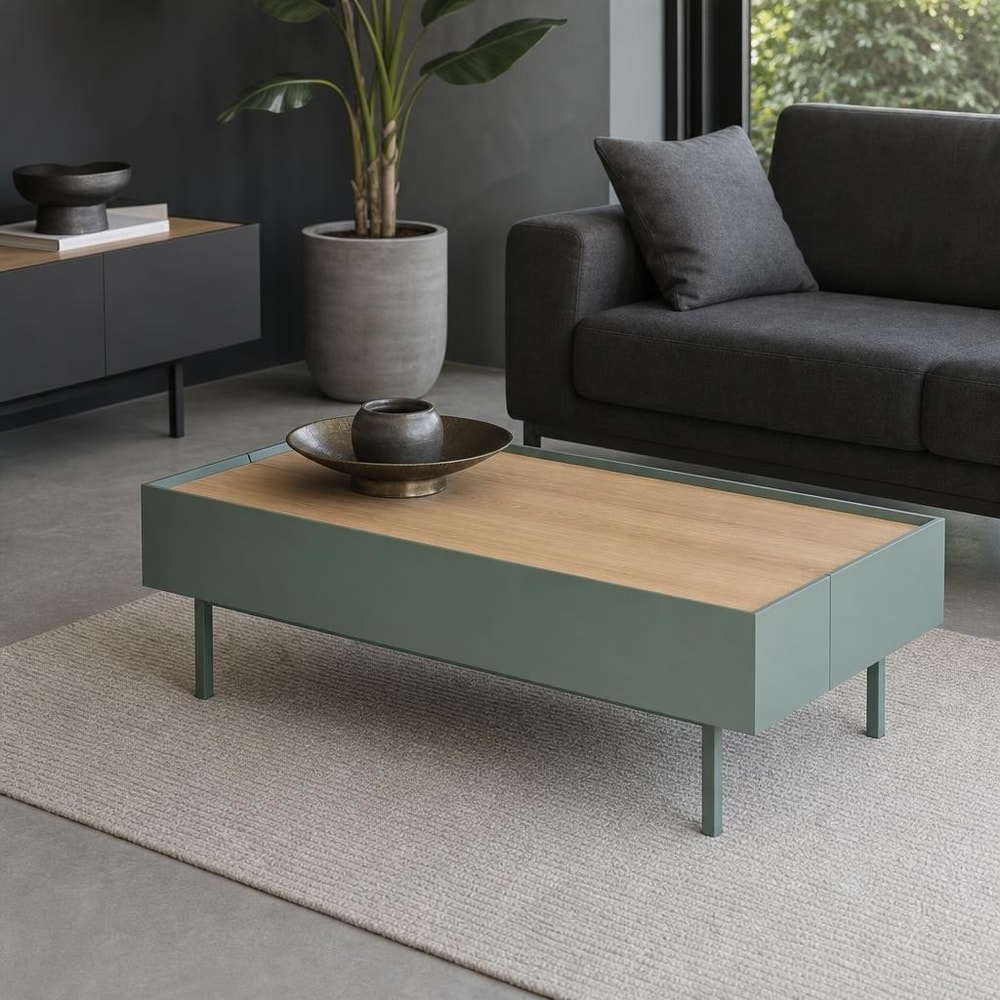 Mesa de centro verde con 2 cajones