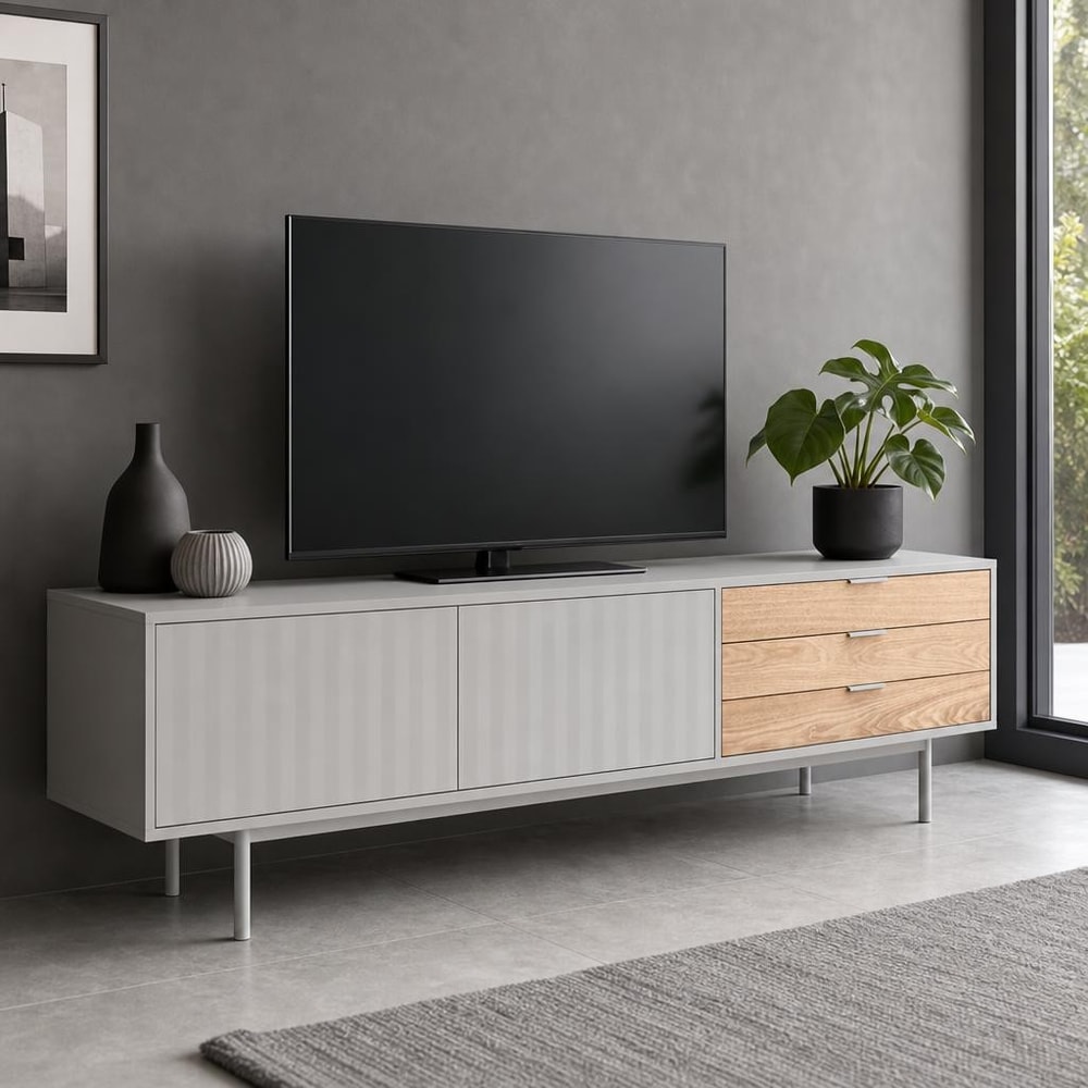 Mueble TV gris con 2 puertas y 3 cajones