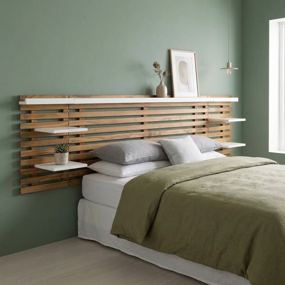 Cabecero de madera con estantes integrados
