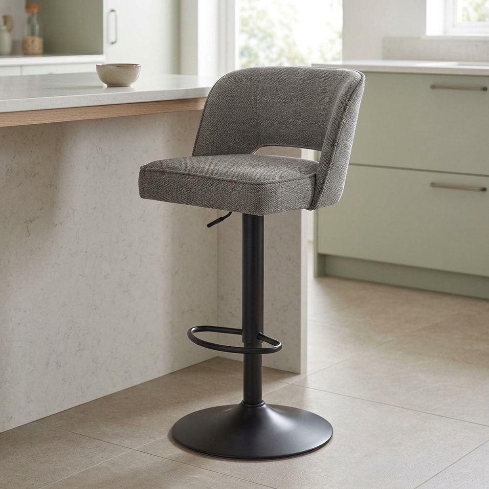 Taburete tapizado regulable gris con base negra