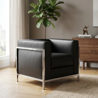 Sillón moderno de acero y piel sintética negra