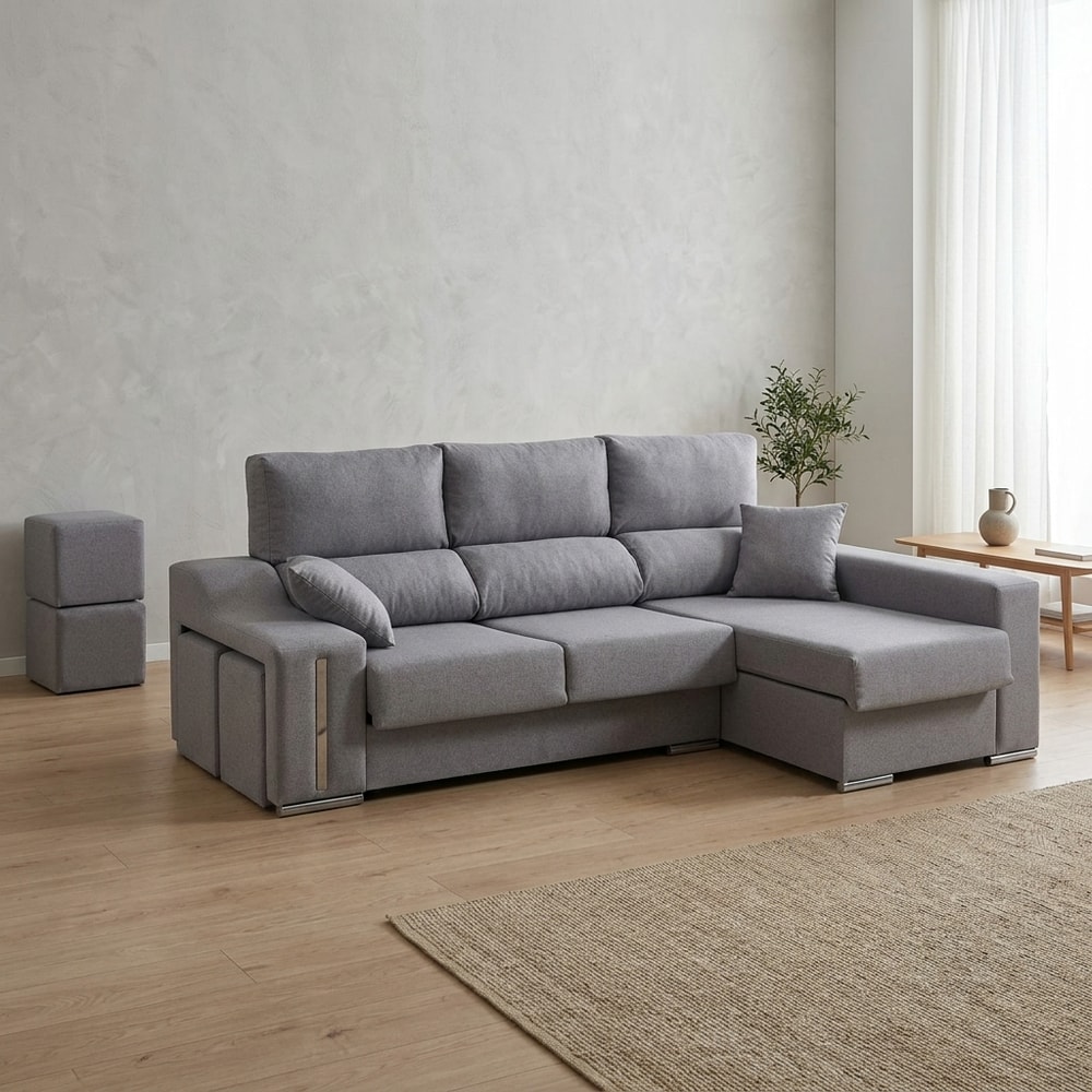 Sofá Chaise Longue Gris con Arcón y 2 Puffs