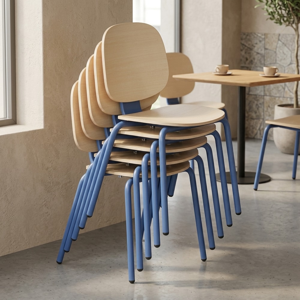 Silla de comedor apilable azul y madera natural