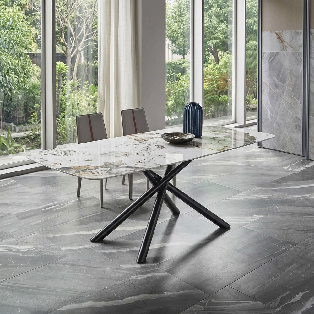 Mesa de comedor cristal efecto mármol y metal