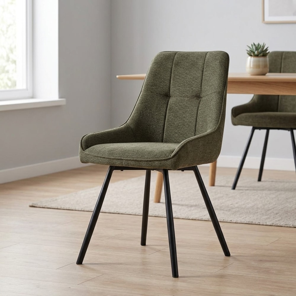 Silla tapizada verde con patas de metal negro