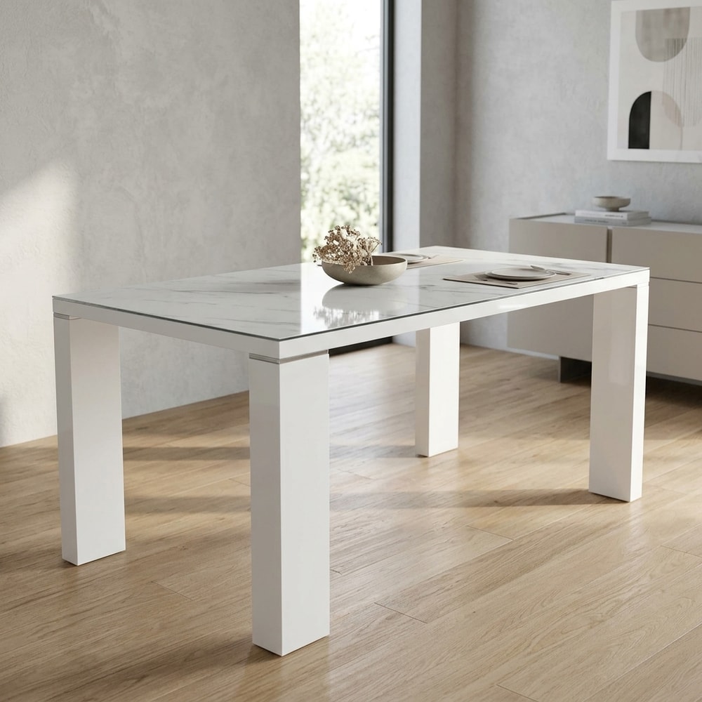 Mesa de comedor blanca con tapa efecto mármol