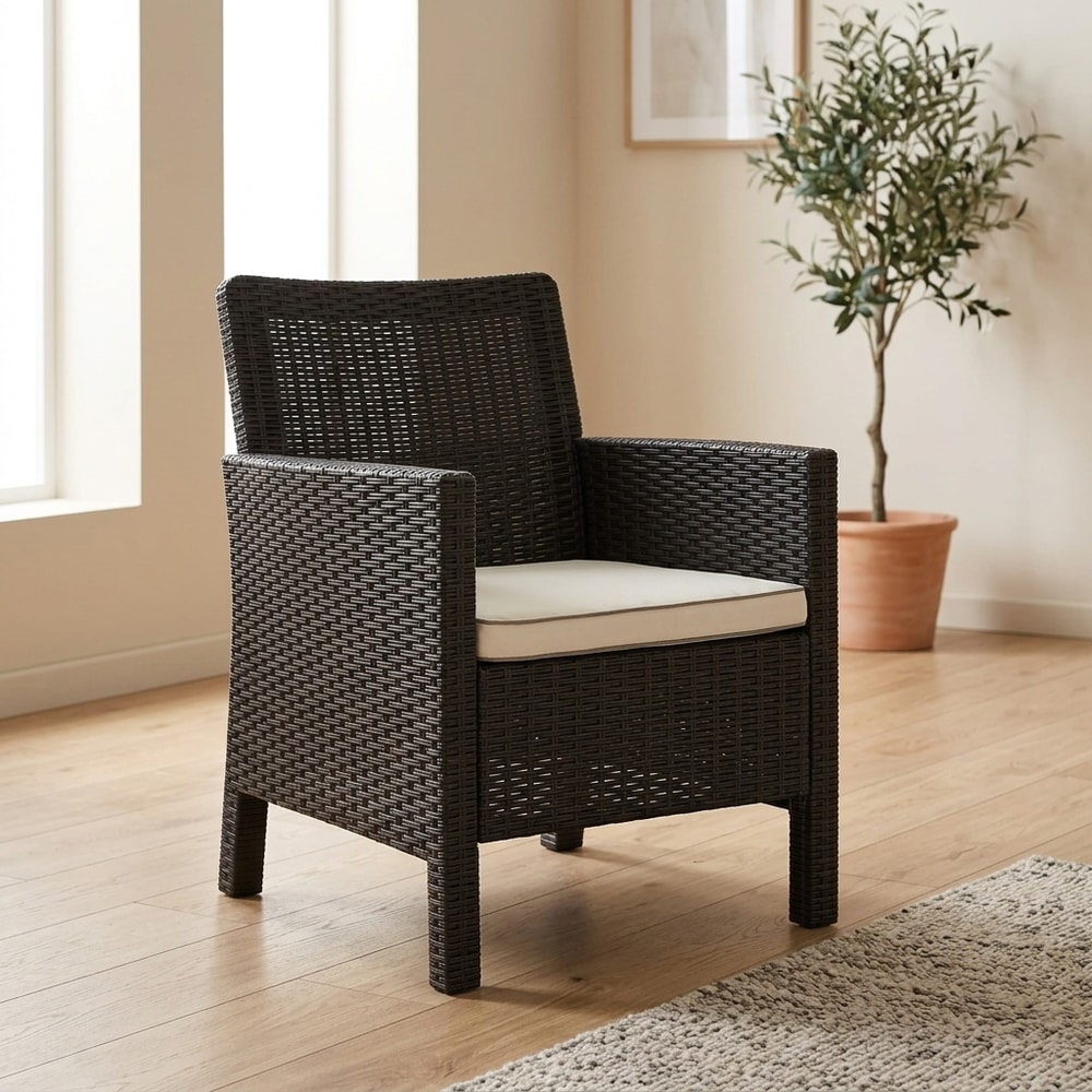 Sillón de jardín imitación ratán con cojín beige