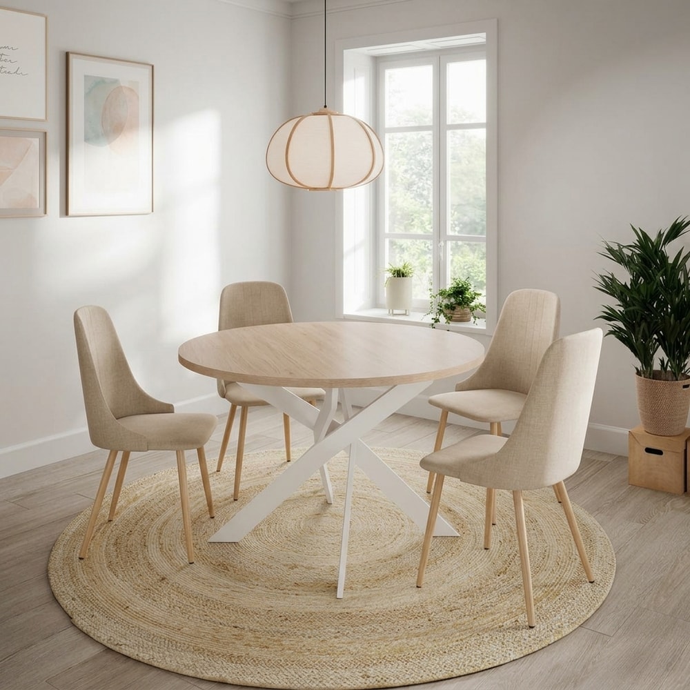 Mesa de comedor redonda minimalista madera y blanc